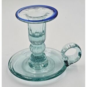 Vintage Rare Vetreria Etrusca Green Glass Chamberstick Taper Holder Blue Rim